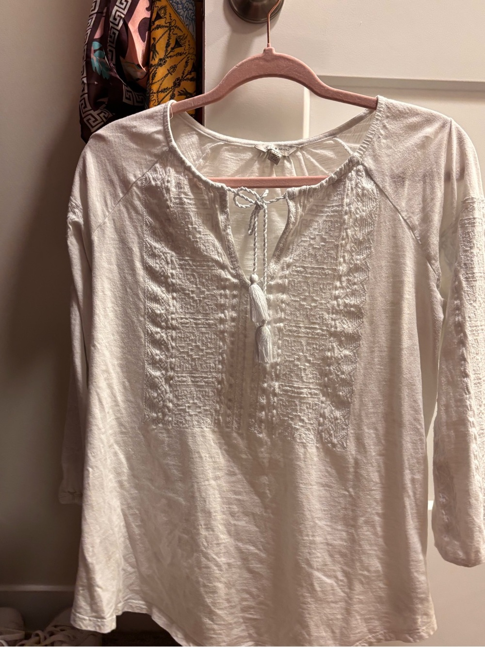 Lucky Brand White Embroidered Peasant Tunic with Tassel Tie